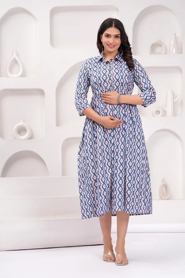 Cream_Blue_Printed_Maternity_Kurta_|_Pure_Cotton_Rayon_Feeding/Maternity_Kurta_For_Her_By_Vaani_Fashions