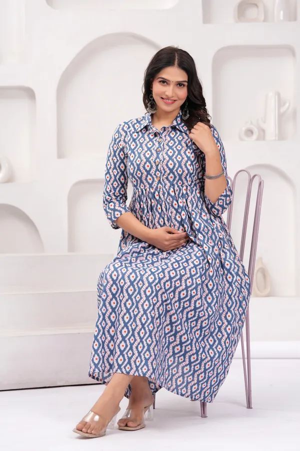 Cream_Blue_Printed_Maternity_Kurta_|_Pure_Cotton_Rayon_Feeding/Maternity_Kurta_For_Her_By_Vaani_Fashions