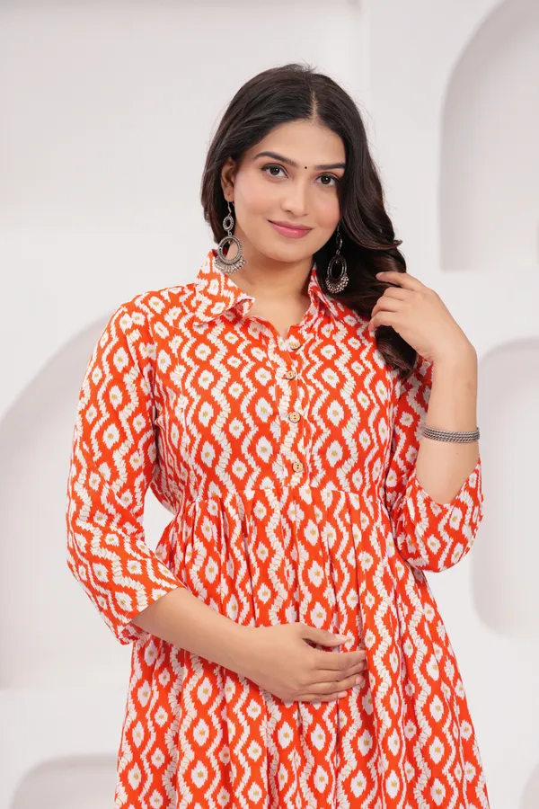 Orange_Printed_Maternity_Kurta_|_Pure_Cotton_Rayon_Feeding/Maternity_Kurta_For_Her_By_Vaani_Fashions