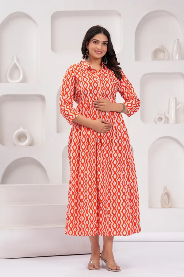 Orange_Printed_Maternity_Kurta_|_Pure_Cotton_Rayon_Feeding/Maternity_Kurta_For_Her_By_Vaani_Fashions