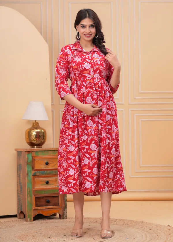 Red_Flower_Printed_Maternity_Kurta_|_Pure_Cotton_Rayon_Feeding/Maternity_Kurta_For_Her_By_Vaani_Fashions