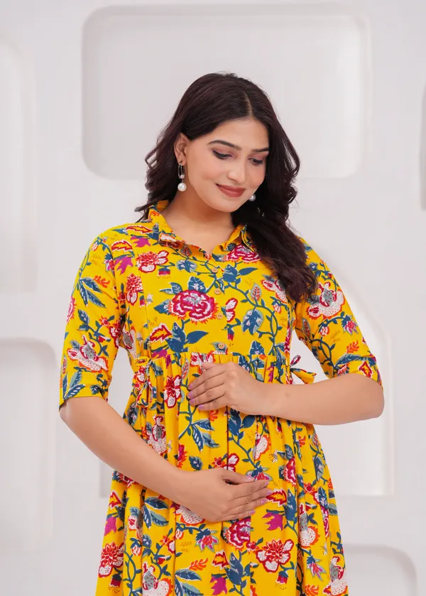 Yellow_Floral_Maternity_Kurta_|_Pure_Cotton_Rayon_Feeding/Maternity_Kurta_For_Her