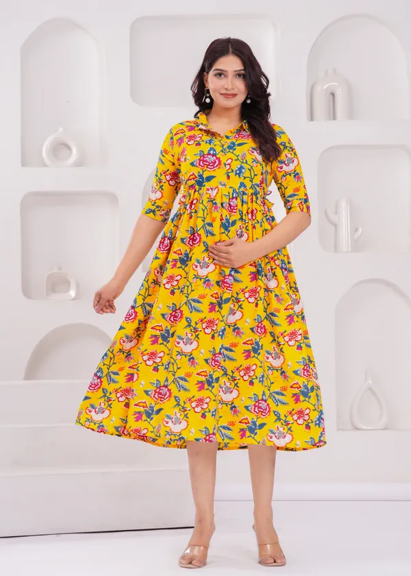Yellow_Floral_Maternity_Kurta_|_Pure_Cotton_Rayon_Feeding/Maternity_Kurta_For_Her