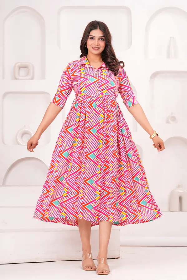 Multicolor_Zig-zag_Printed_Puff_Sleeve_Fit_and_Flare_Printed_Collar_Maternity_Kurta_|_Pure_Cotton_Rayon_Feeding/Maternity_Kurta_For_Her