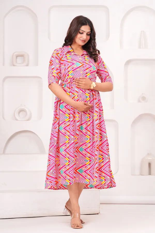 Multicolor_Zig-zag_Printed_Puff_Sleeve_Fit_and_Flare_Printed_Collar_Maternity_Kurta_|_Pure_Cotton_Rayon_Feeding/Maternity_Kurta_For_Her