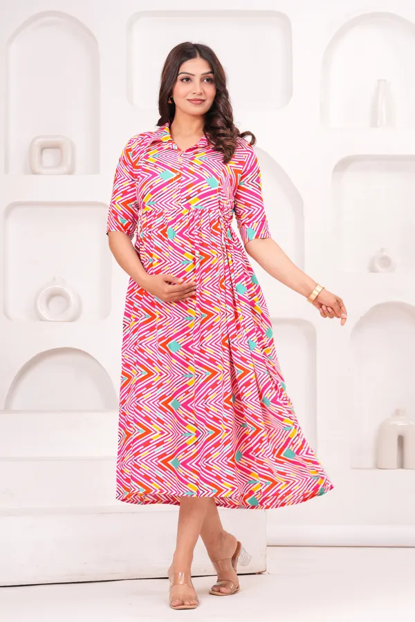 Multicolor_Zig-zag_Printed_Puff_Sleeve_Fit_and_Flare_Printed_Collar_Maternity_Kurta_|_Pure_Cotton_Rayon_Feeding/Maternity_Kurta_For_Her