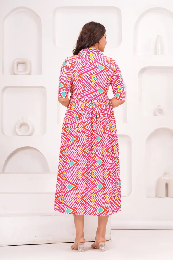 Multicolor_Zig-zag_Printed_Puff_Sleeve_Fit_and_Flare_Printed_Collar_Maternity_Kurta_|_Pure_Cotton_Rayon_Feeding/Maternity_Kurta_For_Her