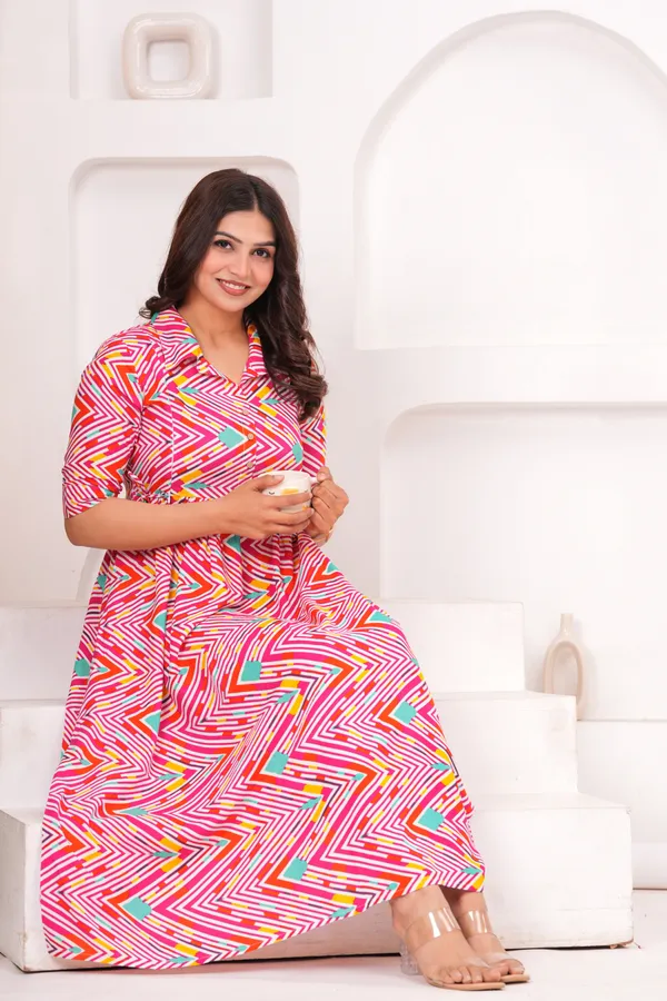Multicolor_Zig-zag_Printed_Puff_Sleeve_Fit_and_Flare_Printed_Collar_Maternity_Kurta_|_Pure_Cotton_Rayon_Feeding/Maternity_Kurta_For_Her