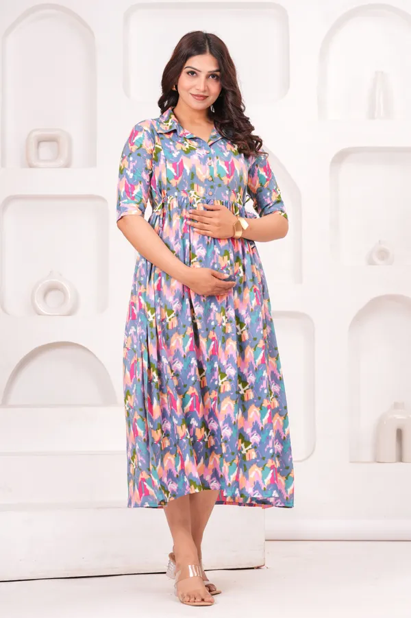 Multicolor_Printed_Puff_Sleeved_Collar_Maternity_Kurta_|_Pure_Cotton_Rayon_Feeding/Maternity_Kurta_For_Her