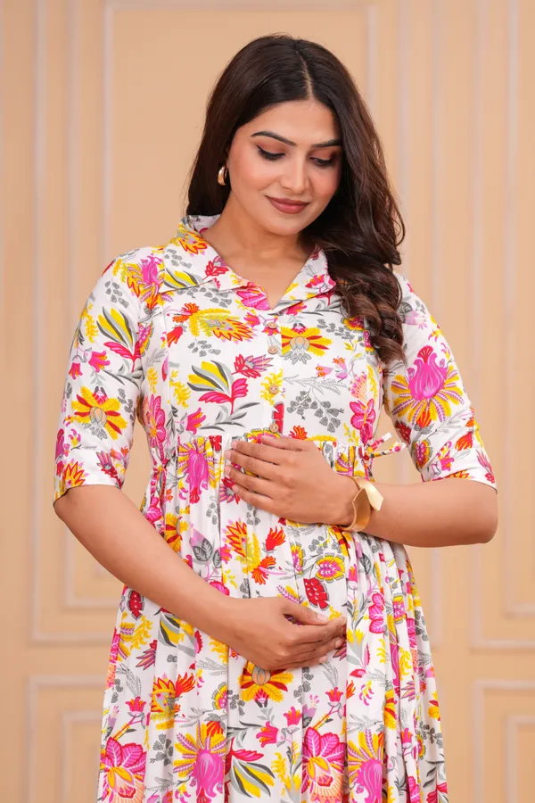 White_Floral_Print_Puff_Sleeves_Collar_Maternity_Kurta_|_Pure_Cotton_Rayon_Feeding/Maternity_Kurta_For_Her
