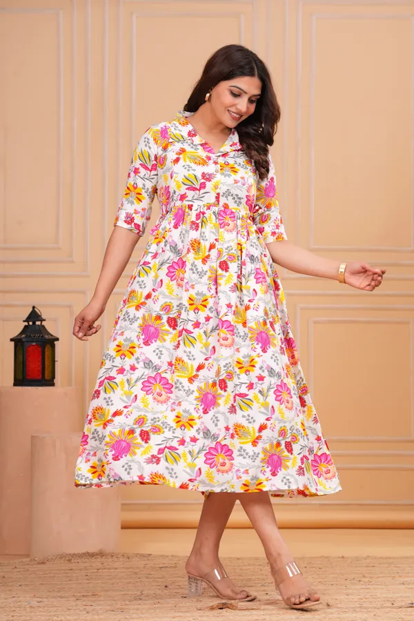 White_Floral_Print_Puff_Sleeves_Collar_Maternity_Kurta_|_Pure_Cotton_Rayon_Feeding/Maternity_Kurta_For_Her