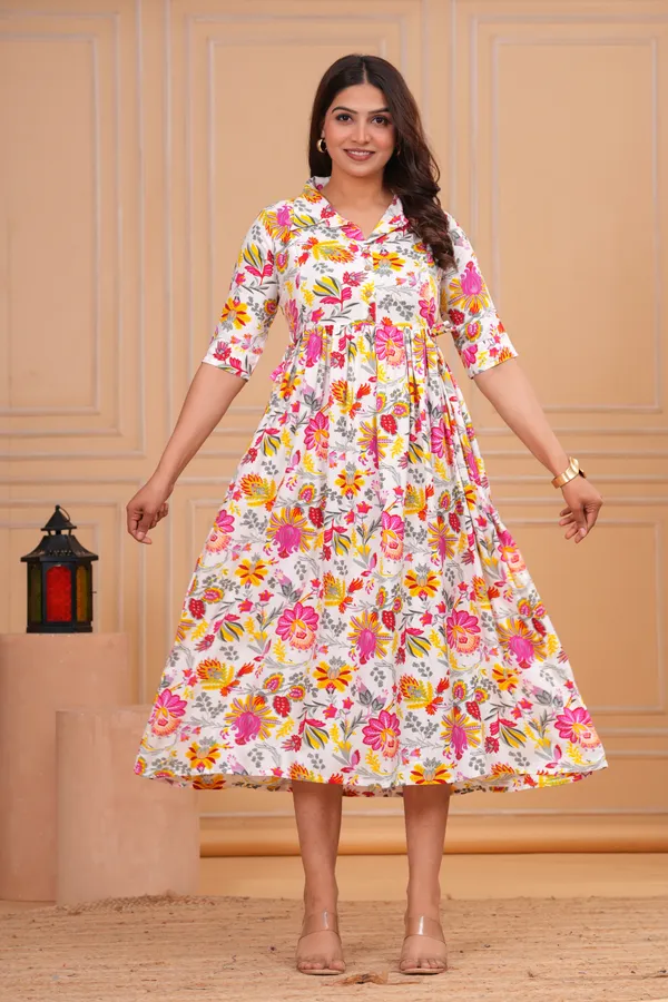White_Floral_Print_Puff_Sleeves_Collar_Maternity_Kurta_|_Pure_Cotton_Rayon_Feeding/Maternity_Kurta_For_Her