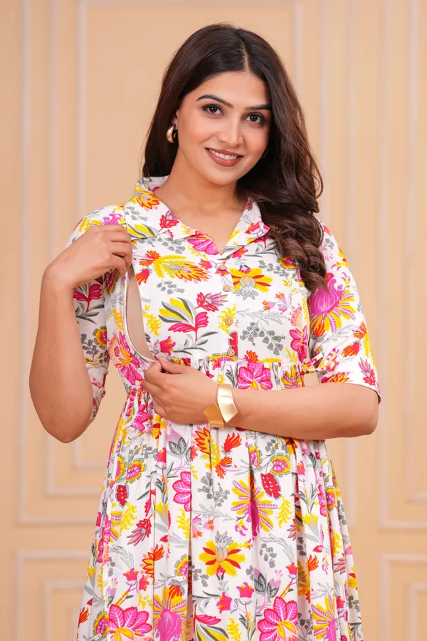 White_Floral_Print_Puff_Sleeves_Collar_Maternity_Kurta_|_Pure_Cotton_Rayon_Feeding/Maternity_Kurta_For_Her