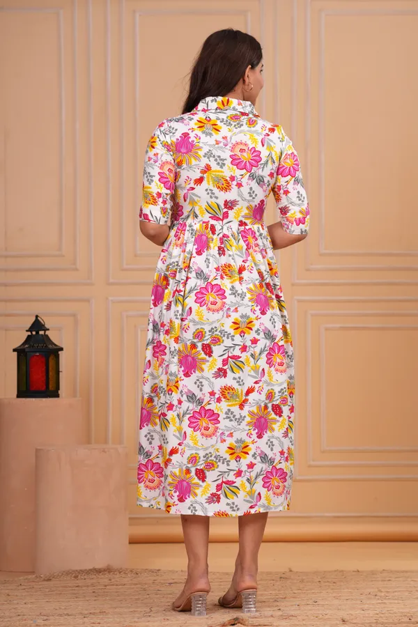 White_Floral_Print_Puff_Sleeves_Collar_Maternity_Kurta_|_Pure_Cotton_Rayon_Feeding/Maternity_Kurta_For_Her
