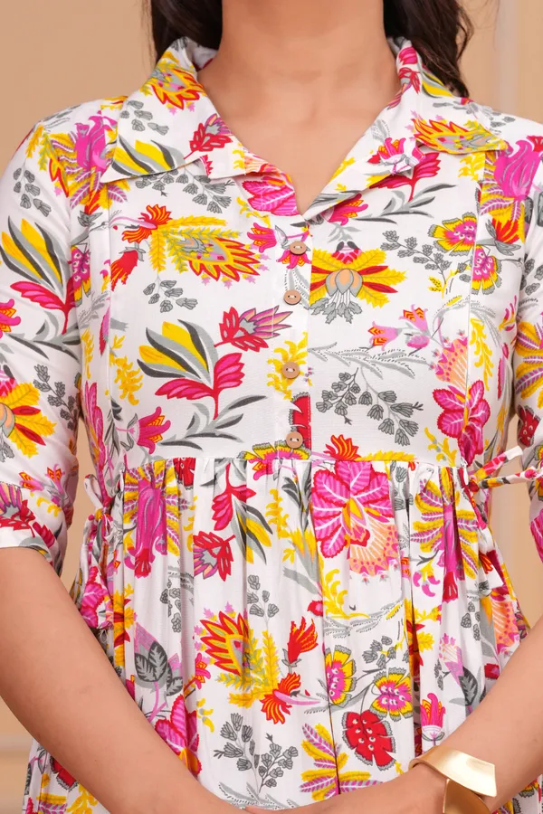 White_Floral_Print_Puff_Sleeves_Collar_Maternity_Kurta_|_Pure_Cotton_Rayon_Feeding/Maternity_Kurta_For_Her