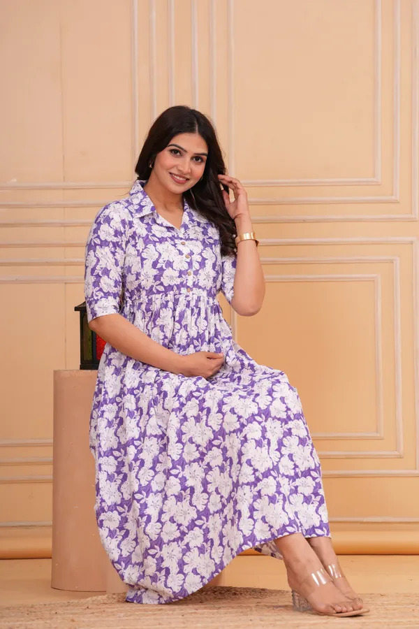 Purple_Floral_Printed_Tiered_Collar_Maternity_Kurta_|_Pure_Cotton_Rayon_Feeding/Maternity_Kurta_For_Her
