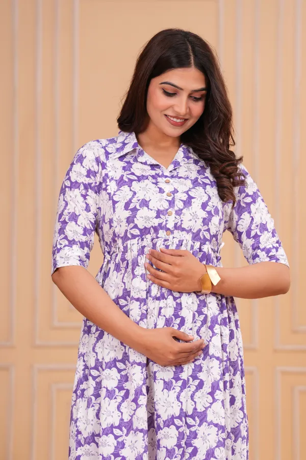 Purple_Floral_Printed_Tiered_Collar_Maternity_Kurta_|_Pure_Cotton_Rayon_Feeding/Maternity_Kurta_For_Her