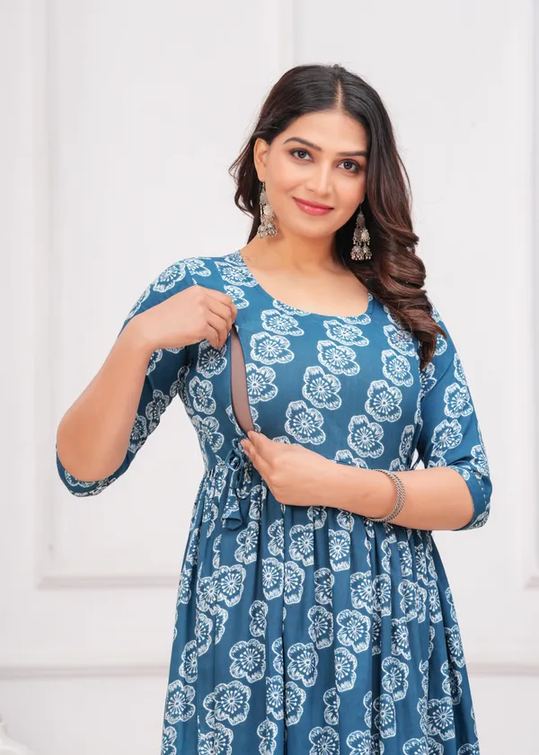 Petrol_Blue_Printed_Flower_Maternity_Kurta_|_Pure_Cotton_Rayon_Feeding/Maternity_Kurta_For_Her_By_Vaani_Fashions