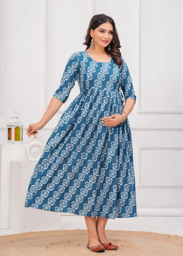 Petrol_Blue_Printed_Flower_Maternity_Kurta_|_Pure_Cotton_Rayon_Feeding/Maternity_Kurta_For_Her_By_Vaani_Fashions
