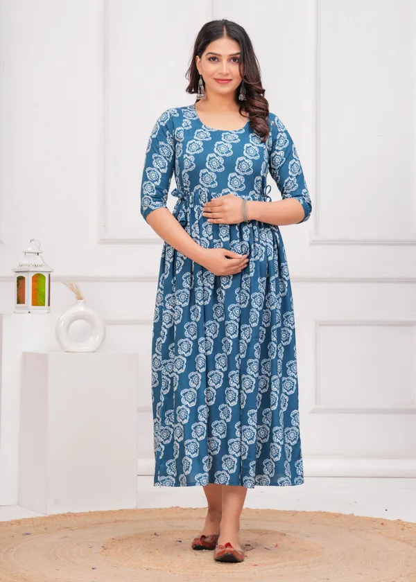 Petrol_Blue_Printed_Flower_Maternity_Kurta_|_Pure_Cotton_Rayon_Feeding/Maternity_Kurta_For_Her_By_Vaani_Fashions