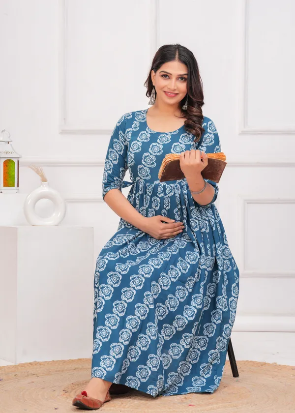 Petrol_Blue_Printed_Flower_Maternity_Kurta_|_Pure_Cotton_Rayon_Feeding/Maternity_Kurta_For_Her_By_Vaani_Fashions