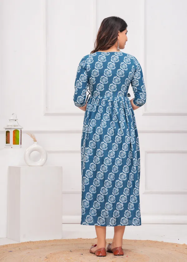 Petrol_Blue_Printed_Flower_Maternity_Kurta_|_Pure_Cotton_Rayon_Feeding/Maternity_Kurta_For_Her_By_Vaani_Fashions