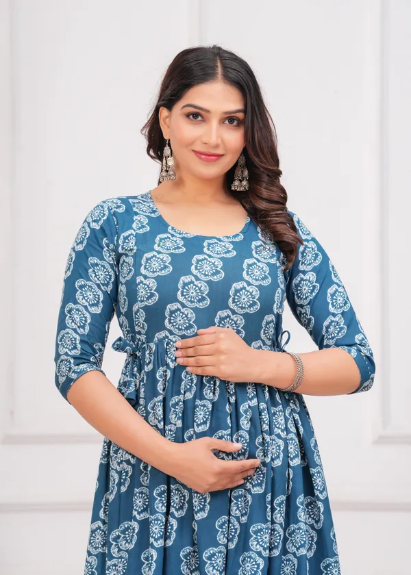 Petrol_Blue_Printed_Flower_Maternity_Kurta_|_Pure_Cotton_Rayon_Feeding/Maternity_Kurta_For_Her_By_Vaani_Fashions