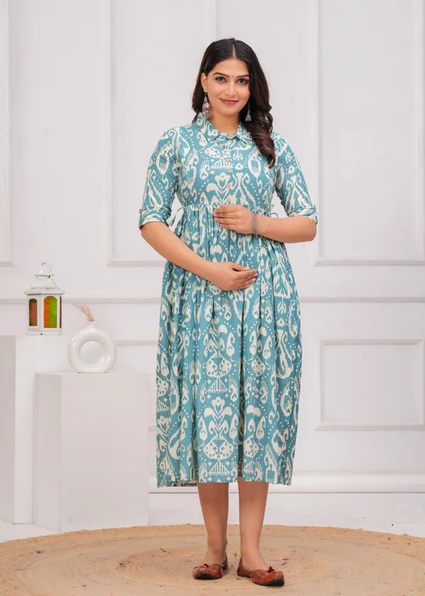 Ikat_Style_Light_Blue_Printed_Collar_Maternity_Kurta_|_Pure_Cotton_Rayon_Feeding/Maternity_Kurta_For_Her