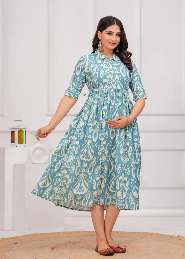 Ikat_Style_Light_Blue_Printed_Collar_Maternity_Kurta_|_Pure_Cotton_Rayon_Feeding/Maternity_Kurta_For_Her