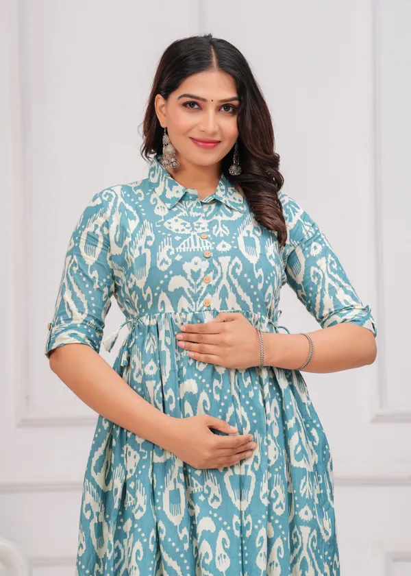 Ikat_Style_Light_Blue_Printed_Collar_Maternity_Kurta_|_Pure_Cotton_Rayon_Feeding/Maternity_Kurta_For_Her