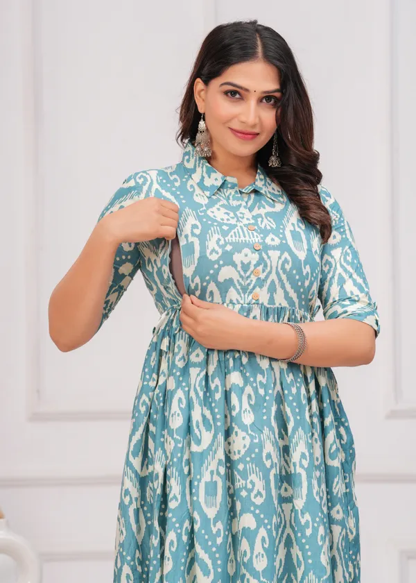 Ikat_Style_Light_Blue_Printed_Collar_Maternity_Kurta_|_Pure_Cotton_Rayon_Feeding/Maternity_Kurta_For_Her