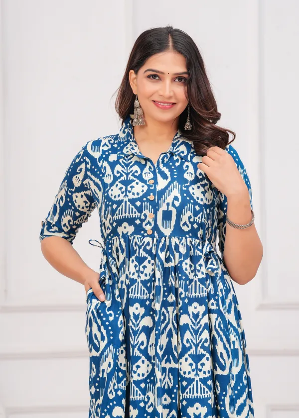 Ikat_Style_Blue_Printed_Collar_Maternity_Kurta_|_Pure_Cotton_Rayon_Feeding/Maternity_Kurta_For_Her