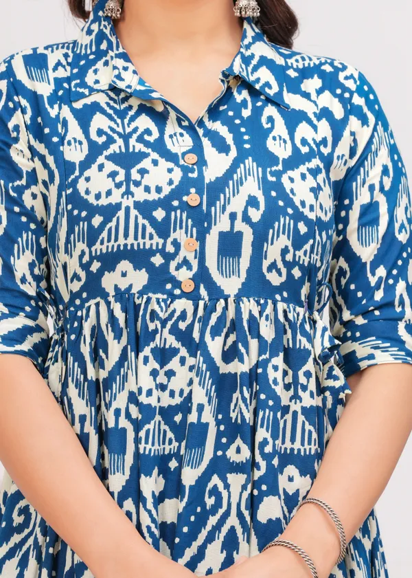 Ikat_Style_Blue_Printed_Collar_Maternity_Kurta_|_Pure_Cotton_Rayon_Feeding/Maternity_Kurta_For_Her