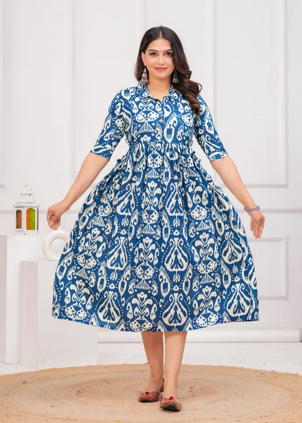 Ikat_Style_Blue_Printed_Collar_Maternity_Kurta_|_Pure_Cotton_Rayon_Feeding/Maternity_Kurta_For_Her
