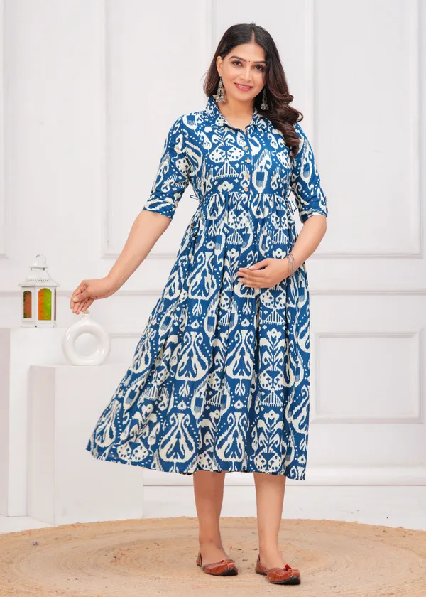 Ikat_Style_Blue_Printed_Collar_Maternity_Kurta_|_Pure_Cotton_Rayon_Feeding/Maternity_Kurta_For_Her