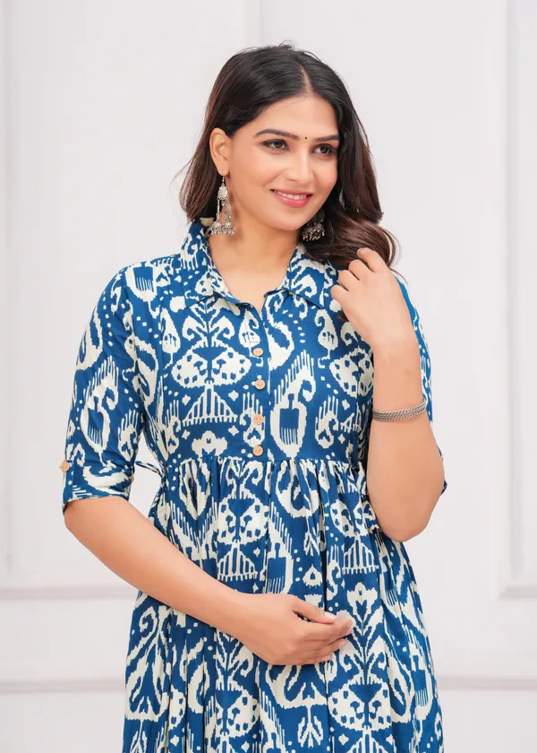 Ikat_Style_Blue_Printed_Collar_Maternity_Kurta_|_Pure_Cotton_Rayon_Feeding/Maternity_Kurta_For_Her