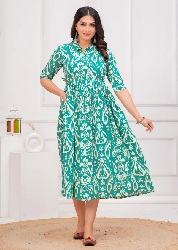 Aqua_Blue_Printed_Collar_Maternity_Kurta_|_Pure_Cotton_Rayon_Feeding/Maternity_Kurta_For_Her