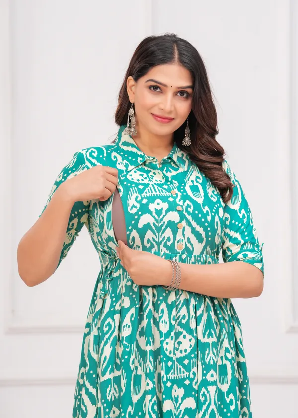 Aqua_Blue_Printed_Collar_Maternity_Kurta_|_Pure_Cotton_Rayon_Feeding/Maternity_Kurta_For_Her