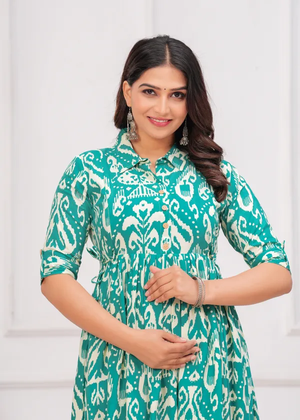 Aqua_Blue_Printed_Collar_Maternity_Kurta_|_Pure_Cotton_Rayon_Feeding/Maternity_Kurta_For_Her