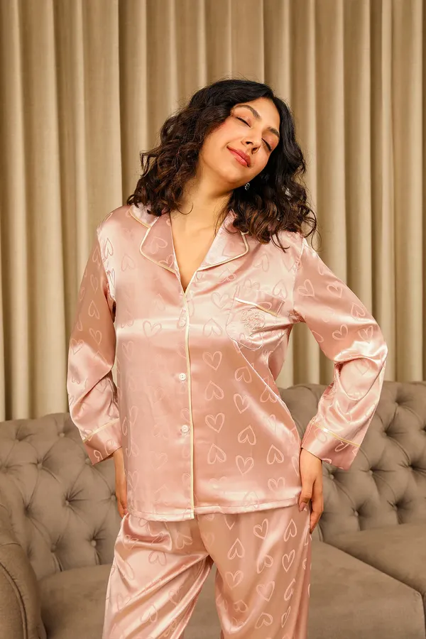 Peach_Lycra_Heart_Print_Nightwear_Set_For_Women