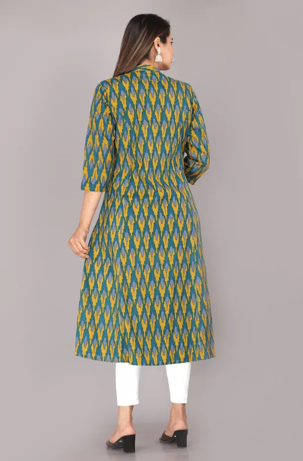 Green_And_Mustard_Ikkat_Printed_Pure_Cotton_Kurta