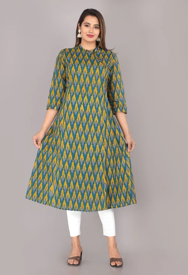 Green_And_Mustard_Ikkat_Printed_Pure_Cotton_Kurta