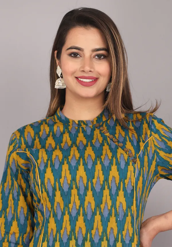 Green_And_Mustard_Ikkat_Printed_Pure_Cotton_Kurta