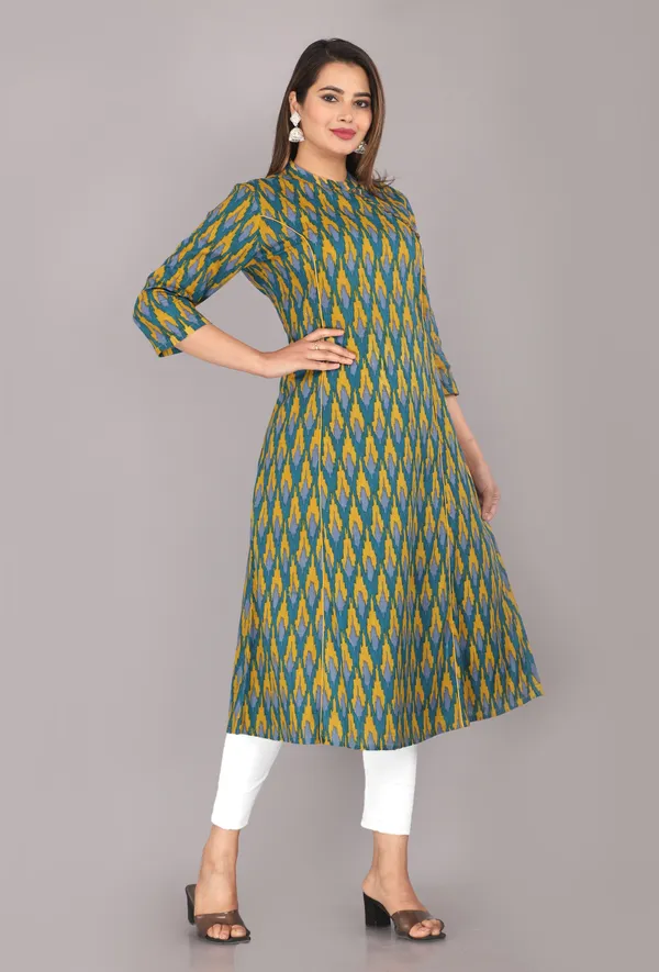 Green_And_Mustard_Ikkat_Printed_Pure_Cotton_Kurta