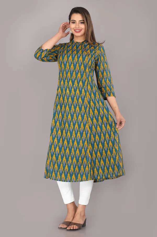 Green_And_Mustard_Ikkat_Printed_Pure_Cotton_Kurta