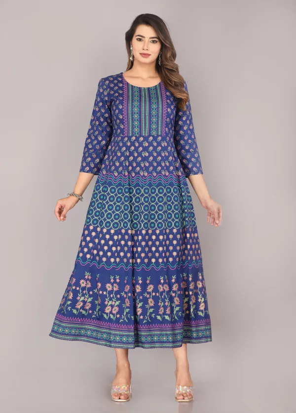 Floral_Blue_Block_Printed_Viscose_Rayon_Dress