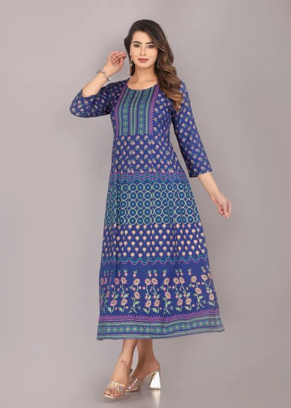 Floral_Blue_Block_Printed_Viscose_Rayon_Dress