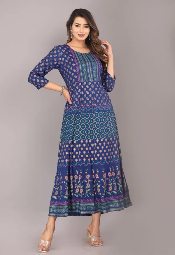 Floral_Blue_Block_Printed_Viscose_Rayon_Dress