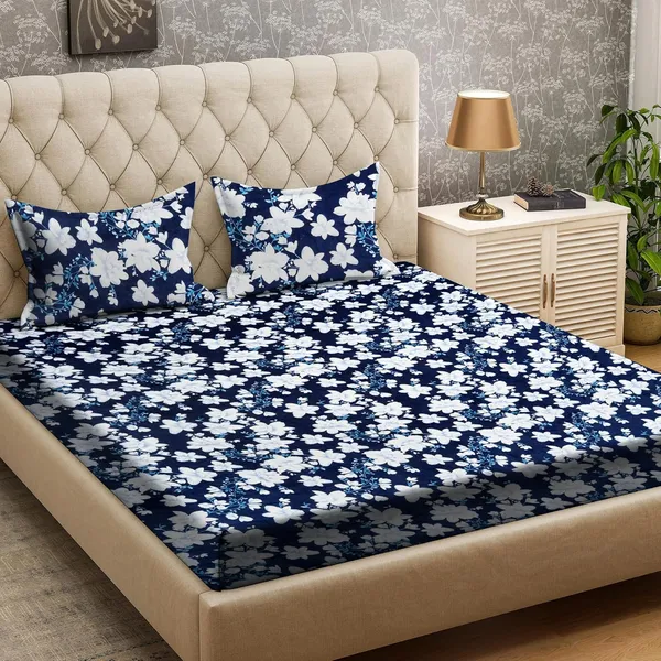 Floral_White&Blue__Soft,_Warm_&_Comfortable_Woolen_Bedsheet_For_Double_Bed_With_2_Pillow_Cover