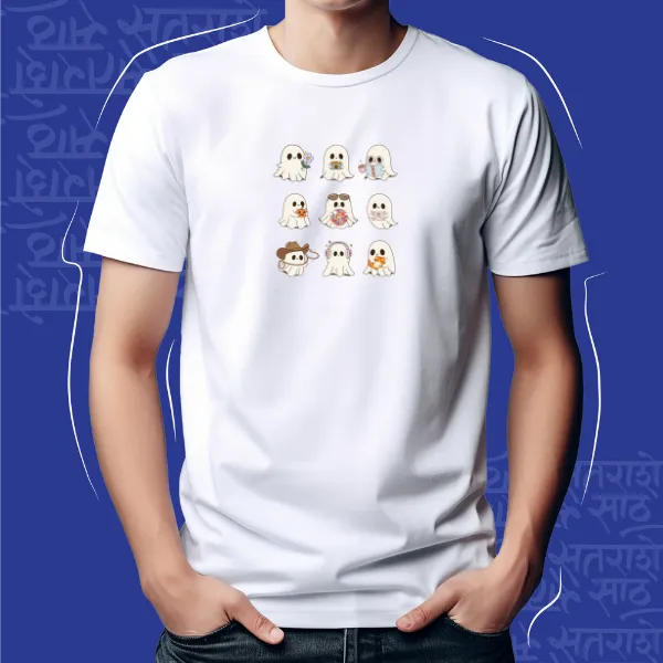 White_Cute_Ghost_Unisex_Marathi_Graphic_T-Shirt